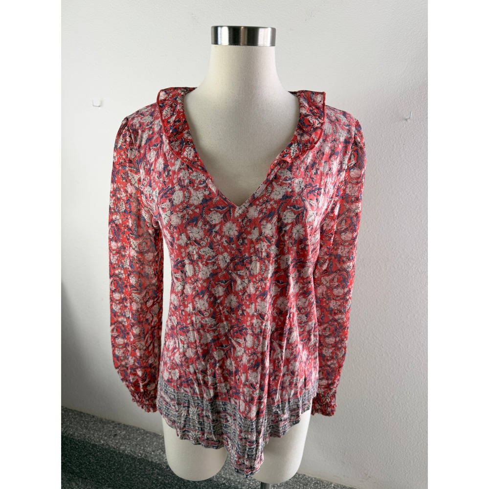 Lucky Brand Womens Medium Floral Ruffle V Neck Blouse Smocked Cuff Top Boho